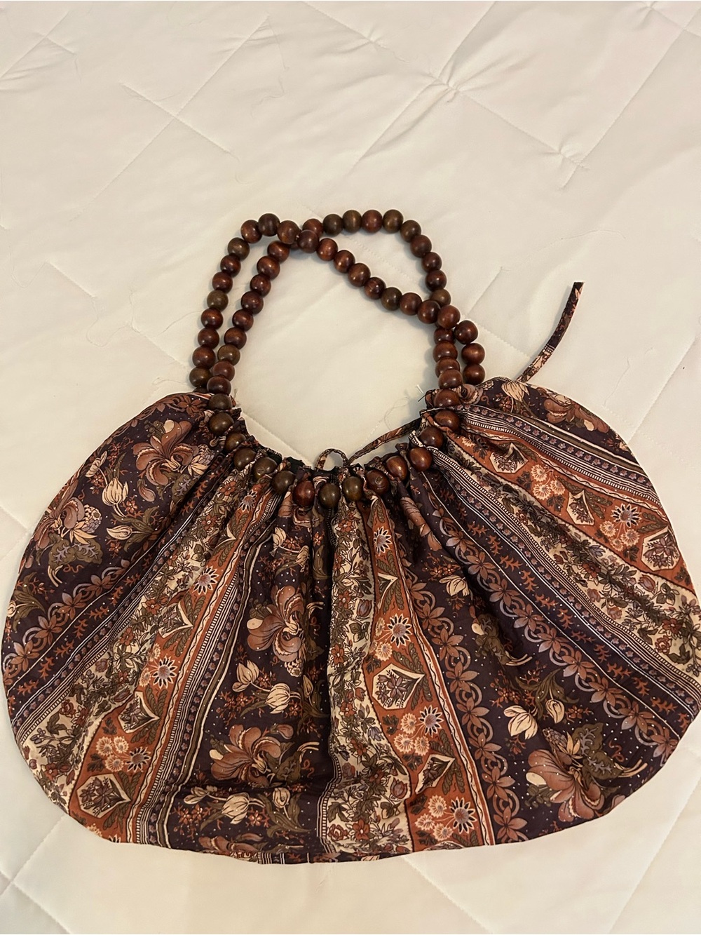 Bohemian Floral Wooden Beaded Handle Tote